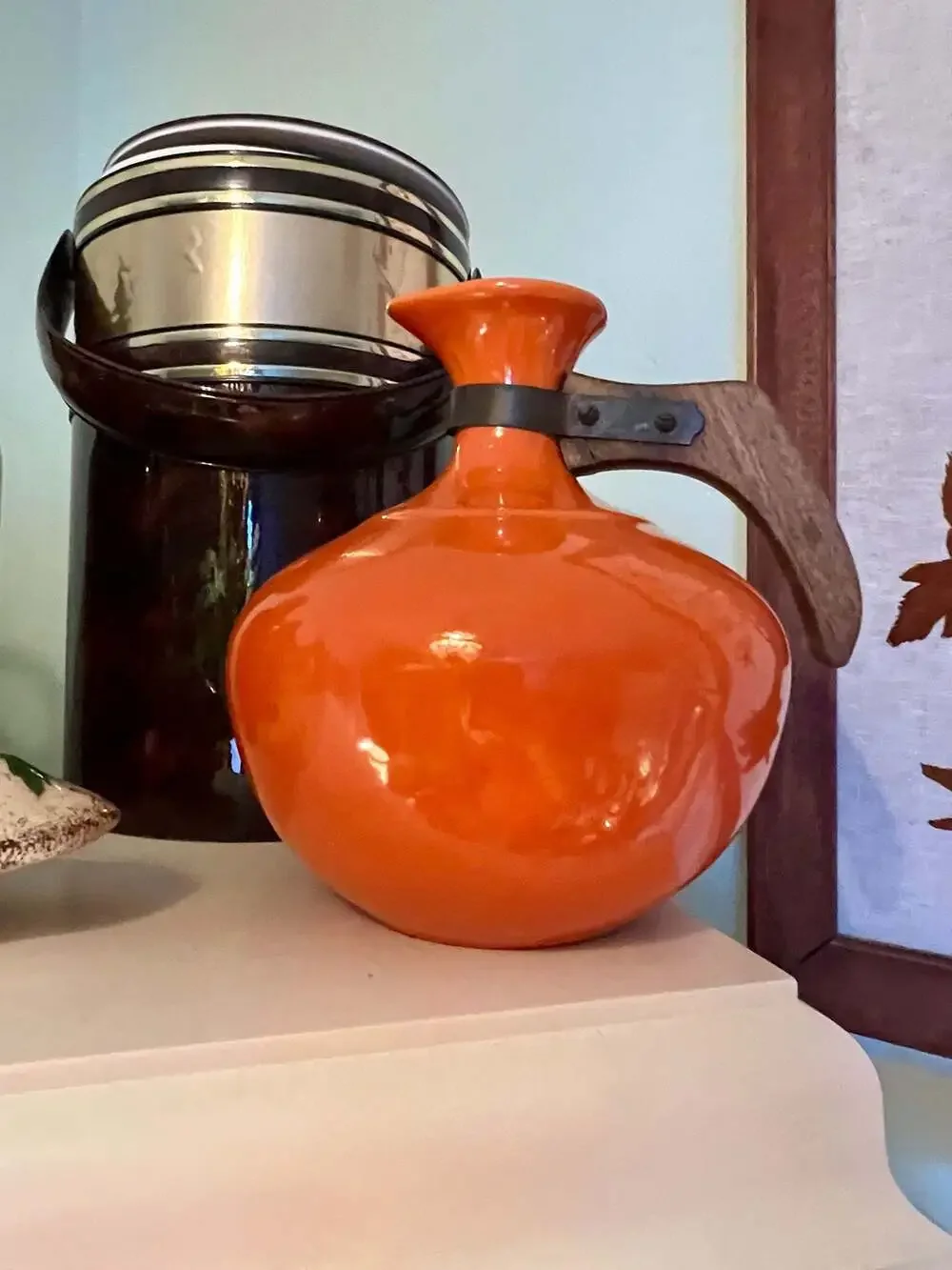 Vintage MCM Bauer Pottery Coffee Carafe w/Wood Handle 8” Orange